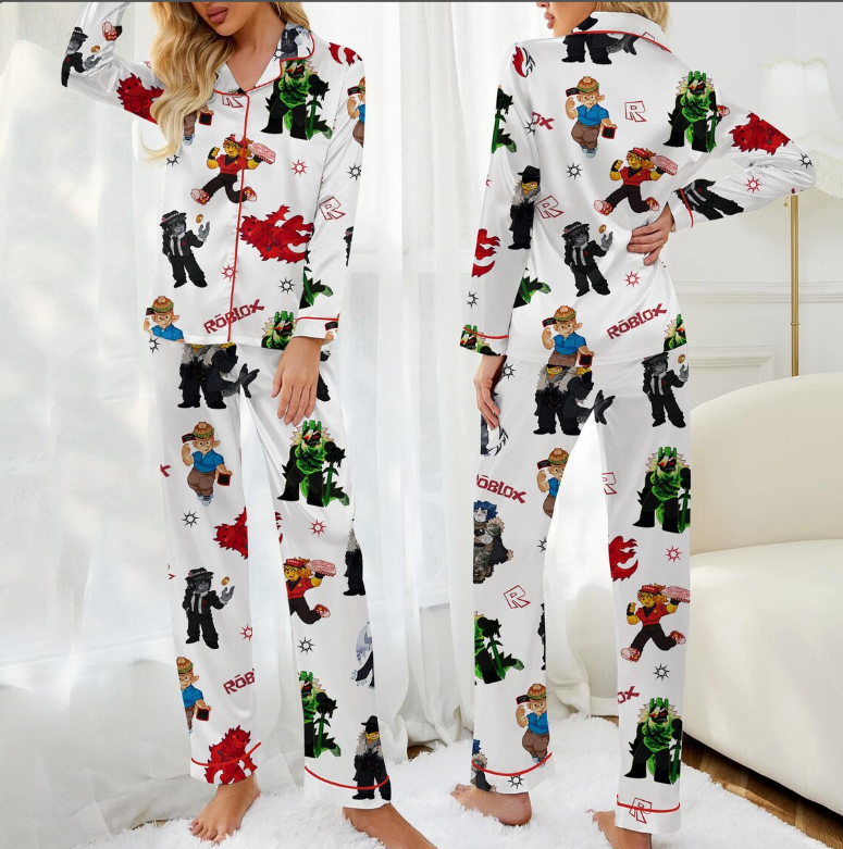 Roblox Satin Pajama Set for Women, Cute Gamer Sleepwear, Button Up Short Sleeve PJs, Matching Game Pajamas Gift