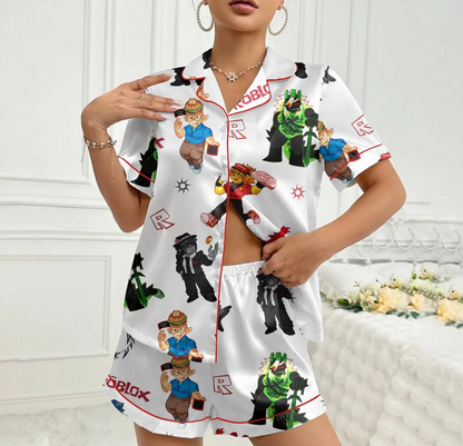 Roblox Pajama Set for Women – Cartoon Game Character Print Satin Short Sleeve Button-Up Sleepwear PJs
