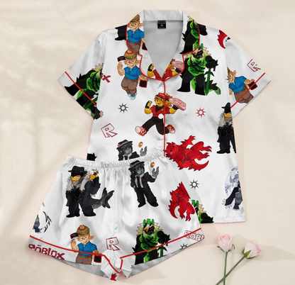 Roblox Pajama Set for Women – Cartoon Game Character Print Satin Short Sleeve Button-Up Sleepwear PJs
