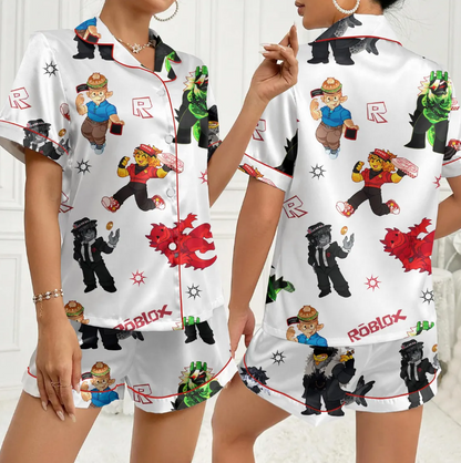 Roblox Pajama Set for Women – Cartoon Game Character Print Satin Short Sleeve Button-Up Sleepwear PJs