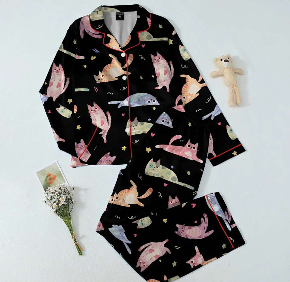 Cute Cat Pajama Set for Women – Black Cartoon Cat Print Satin Short Sleeve Sleepwear, Button-Up PJs