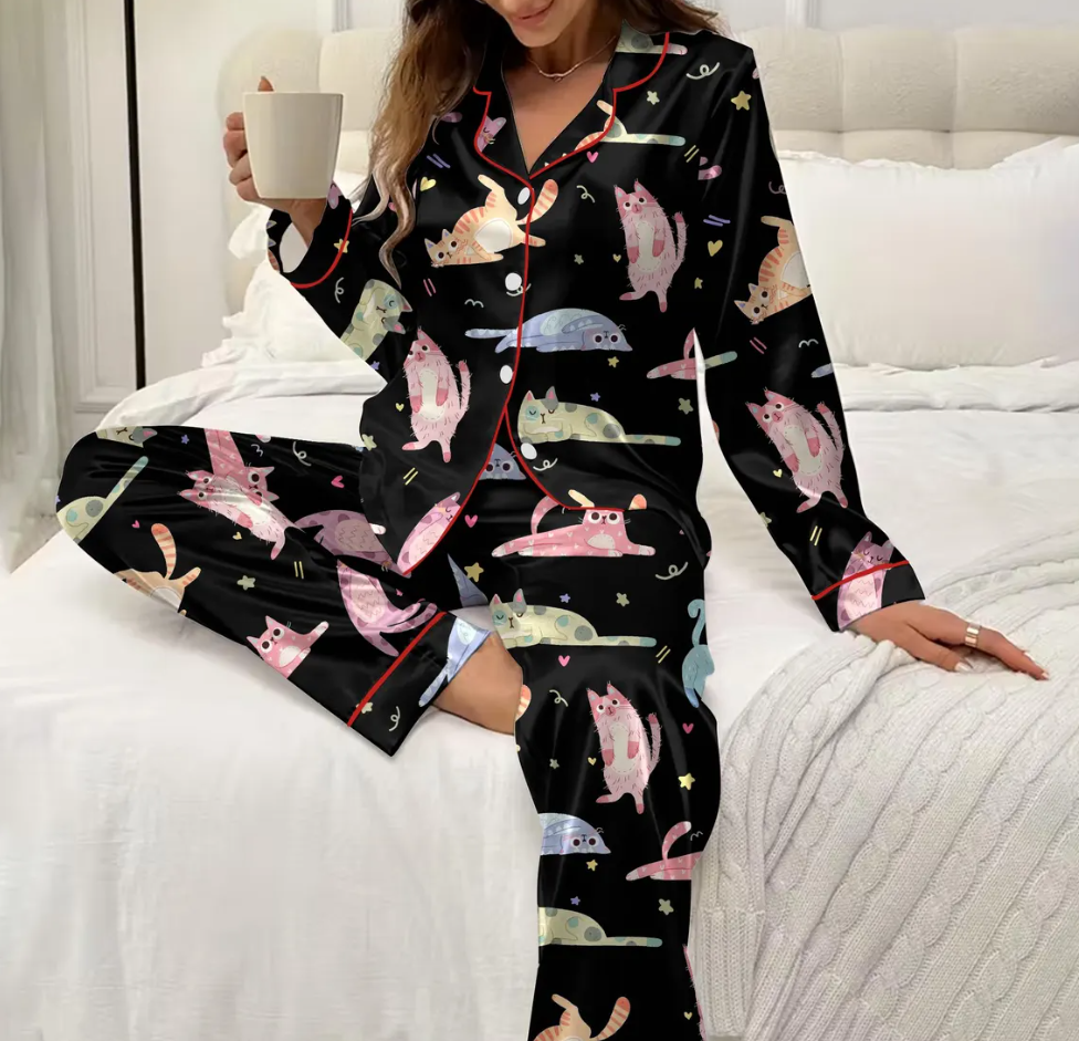Cute Cat Pajama Set for Women – Black Cartoon Cat Print Satin Short Sleeve Sleepwear, Button-Up PJs