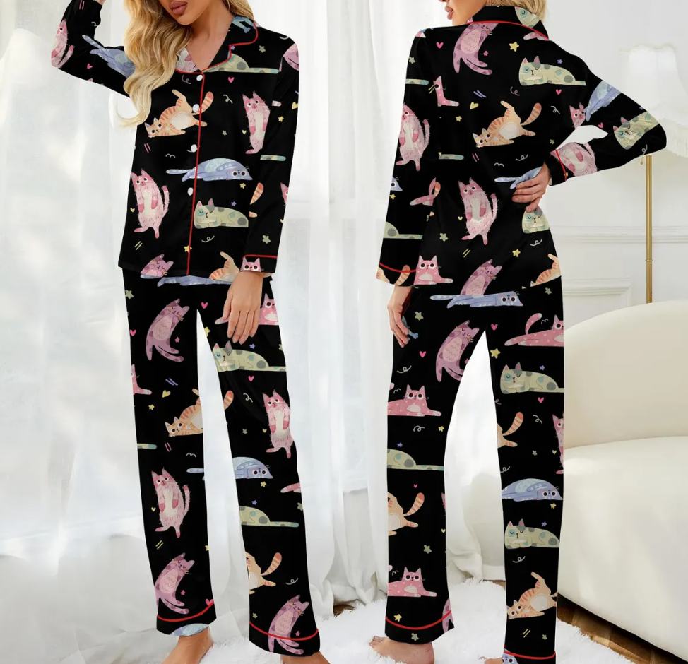 Cute Cat Pajama Set for Women – Black Cartoon Cat Print Satin Short Sleeve Sleepwear, Button-Up PJs