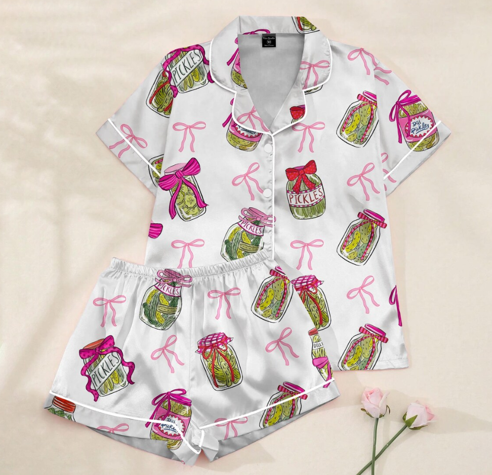 Women’s Pickle Lover Pink Bows Pajama Set, Christmas Sleepwear Gifts Nightwear Pajama Satin Long Pants, Noel Santa Gift For Her