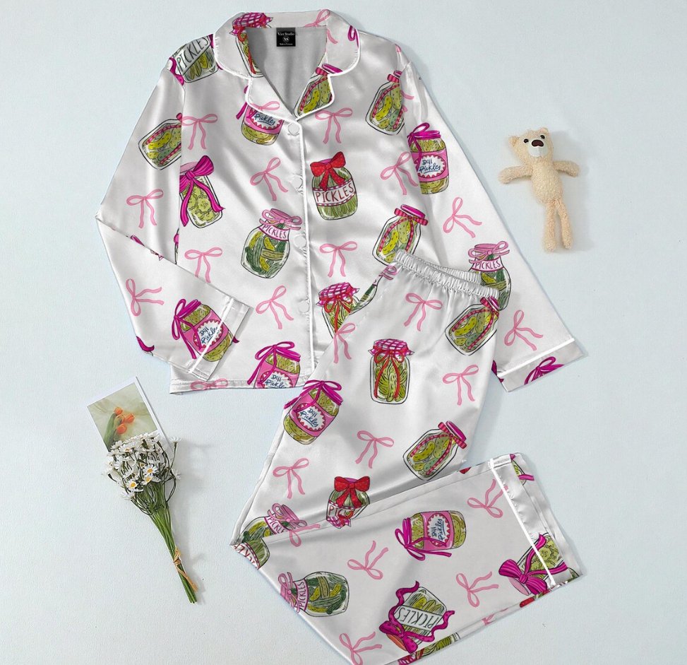 Women’s Pickle Lover Pink Bows Pajama Set, Christmas Sleepwear Gifts Nightwear Pajama Satin Long Pants, Noel Santa Gift For Her