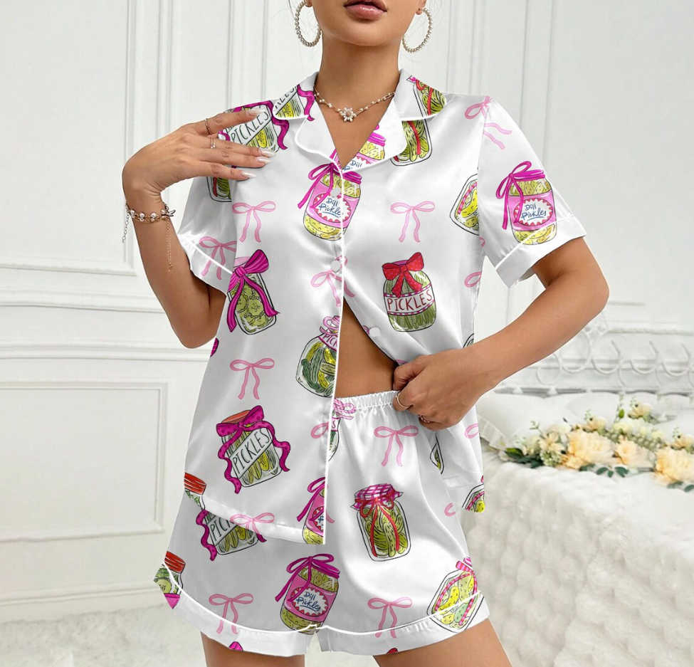 Women’s Pickle Lover Pink Bows Pajama Set, Christmas Sleepwear Gifts Nightwear Pajama Satin Long Pants, Noel Santa Gift For Her