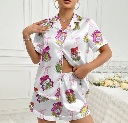 Women’s Pickle Lover Pink Bows Pajama Set, Christmas Sleepwear Gifts Nightwear Pajama Satin Long Pants, Noel Santa Gift For Her