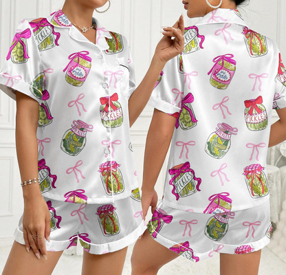 Women’s Pickle Lover Pink Bows Pajama Set, Christmas Sleepwear Gifts Nightwear Pajama Satin Long Pants, Noel Santa Gift For Her