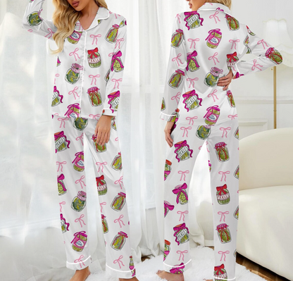 Women’s Pickle Lover Pink Bows Pajama Set, Christmas Sleepwear Gifts Nightwear Pajama Satin Long Pants, Noel Santa Gift For Her