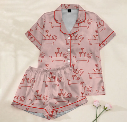 Women’s Dachshund Pajama Set, Martini & Weenies Print, Short Sleeve Satin Sleepwear, Dog Pajama, PJs Family, Pajama Gifts for Her