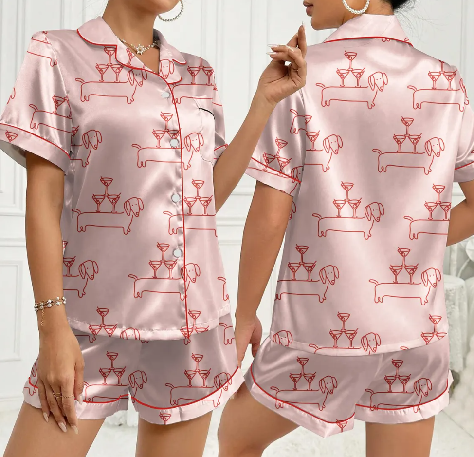 Women’s Dachshund Pajama Set, Martini & Weenies Print, Short Sleeve Satin Sleepwear, Dog Pajama, PJs Family, Pajama Gifts for Her