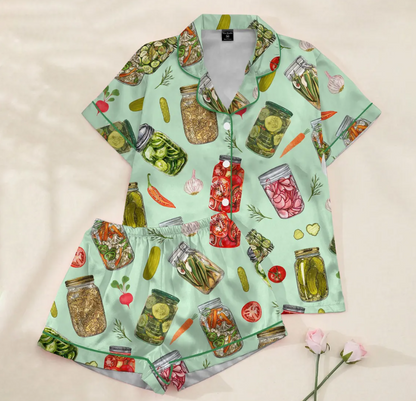 Pickle Jar Pajama Set for Women – Cute Vegetable Print Satin Short Sleeve PJs, Button-Up Sleepwear, Cozy Cottagecore Loungewear
