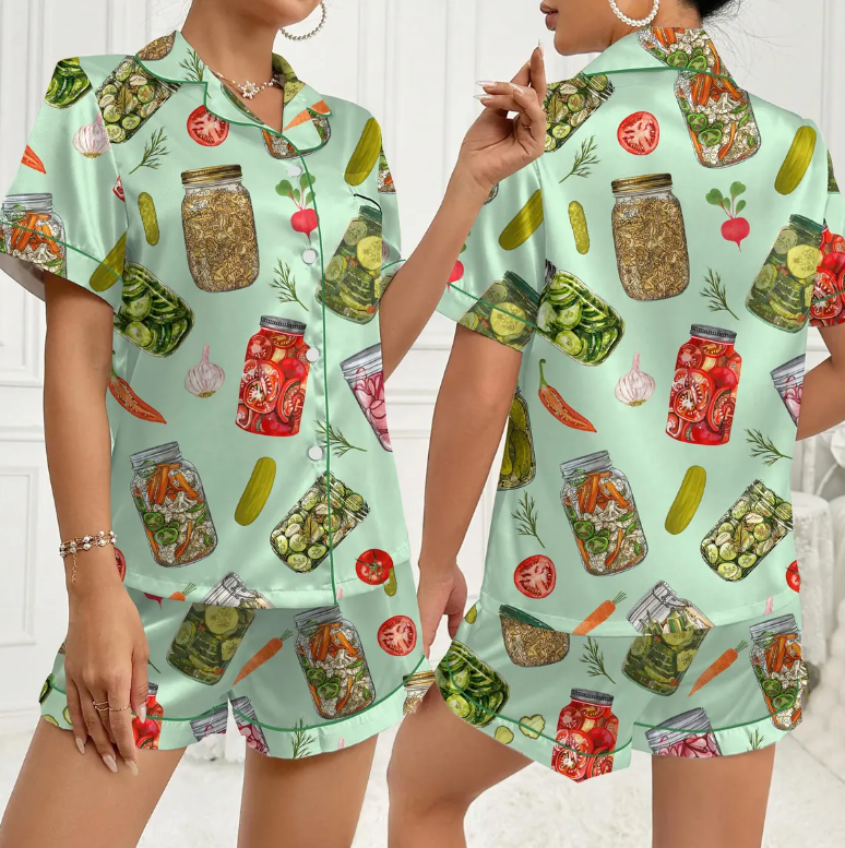 Pickle Jar Pajama Set for Women – Cute Vegetable Print Satin Short Sleeve PJs, Button-Up Sleepwear, Cozy Cottagecore Loungewear
