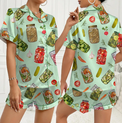 Pickle Jar Pajama Set for Women – Cute Vegetable Print Satin Short Sleeve PJs, Button-Up Sleepwear, Cozy Cottagecore Loungewear
