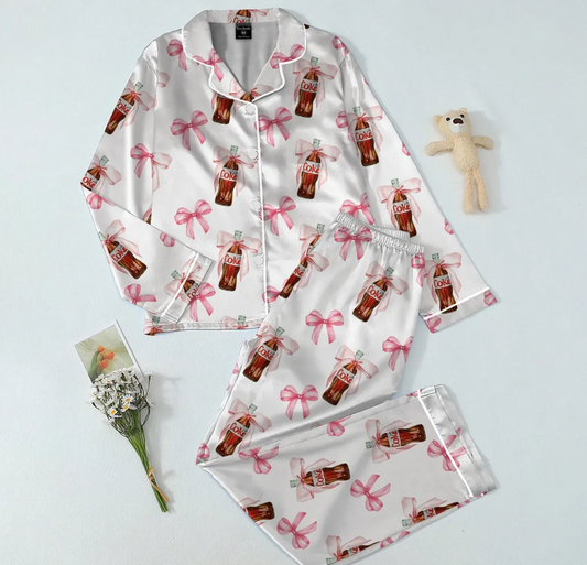Diet Coke Coquette Pajama Set for Women – Pink Bow Satin Long Sleeve PJs, Matching Holiday Sleepwear, Cute Gift for Diet Coke Lovers