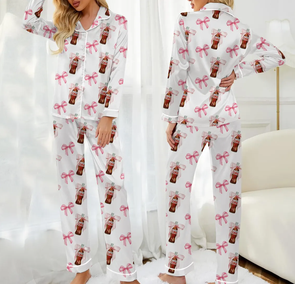 Diet Coke Coquette Pajama Set for Women – Pink Bow Satin Long Sleeve PJs, Matching Holiday Sleepwear, Cute Gift for Diet Coke Lovers