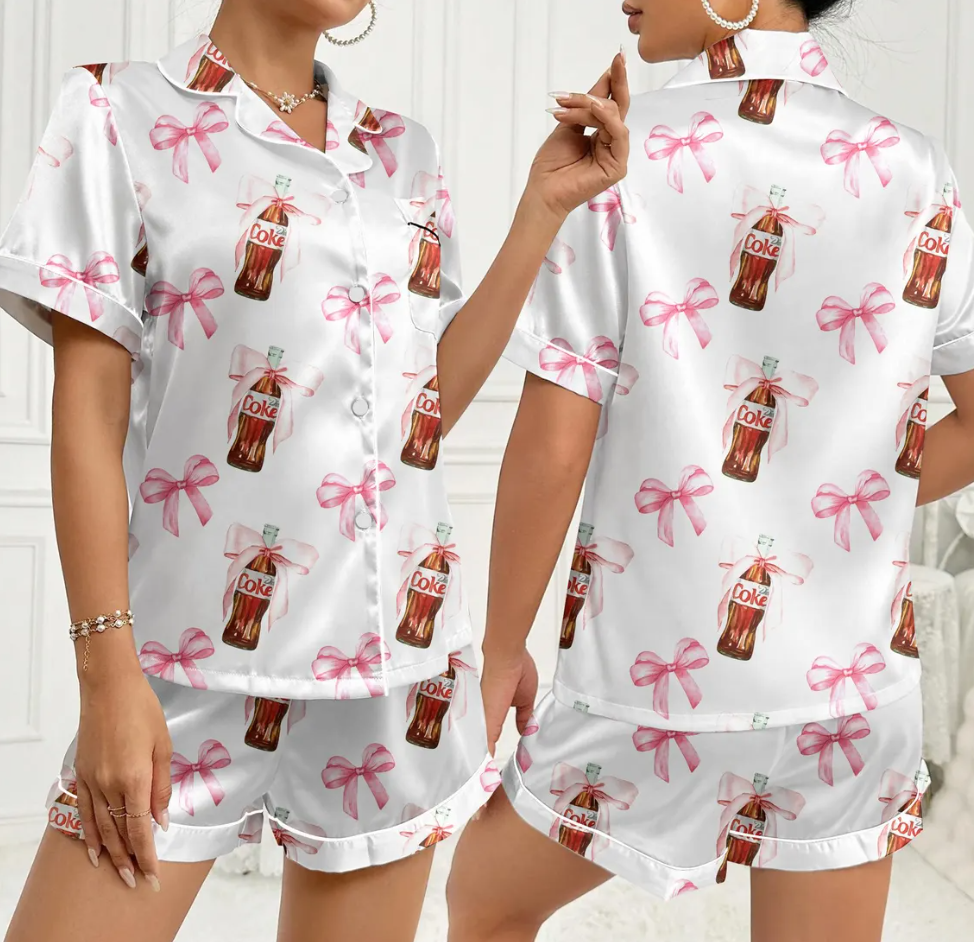 Diet Coke Coquette Pajama Set for Women – Pink Bow Satin Long Sleeve PJs, Matching Holiday Sleepwear, Cute Gift for Diet Coke Lovers