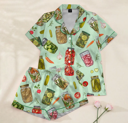 Pickle Jar Pajama Set for Women – Cute Vegetable Print Satin Short Sleeve PJs, Button-Up Sleepwear, Cozy Cottagecore Loungewear