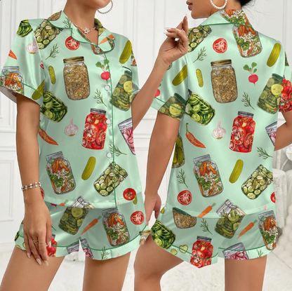 Pickle Jar Pajama Set for Women – Cute Vegetable Print Satin Short Sleeve PJs, Button-Up Sleepwear, Cozy Cottagecore Loungewear