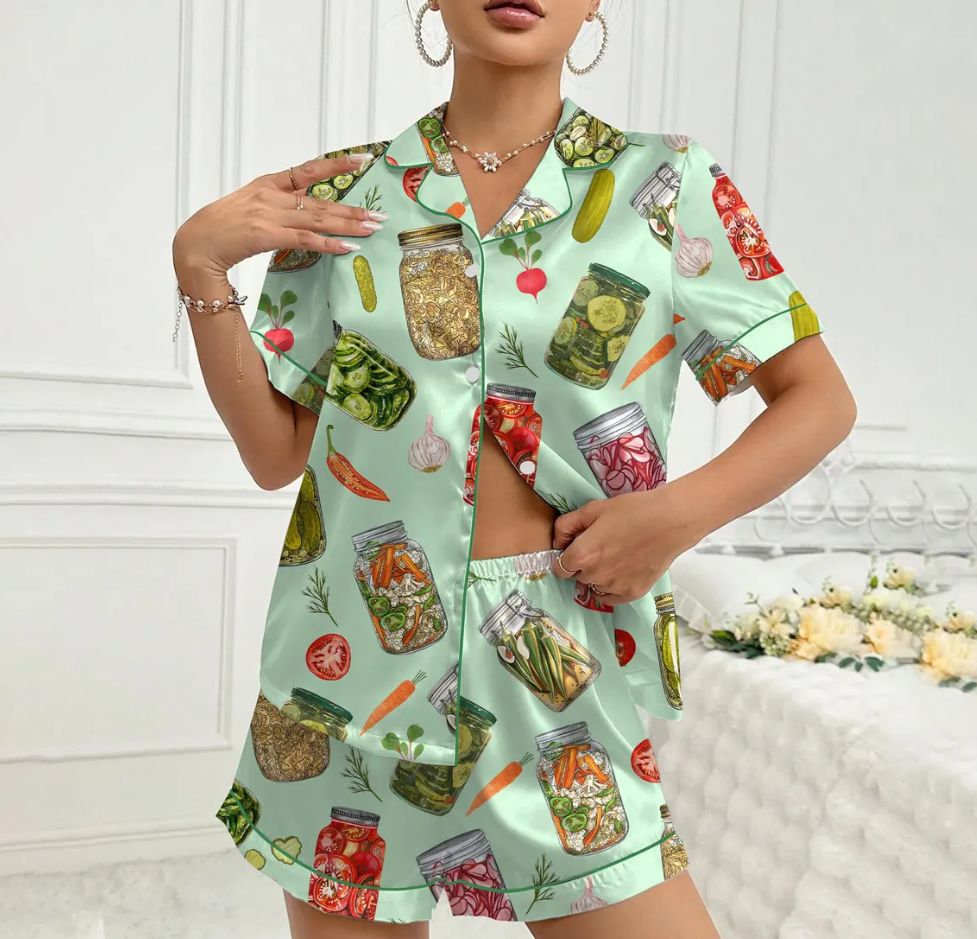 Pickle Jar Pajama Set for Women – Cute Vegetable Print Satin Short Sleeve PJs, Button-Up Sleepwear, Cozy Cottagecore Loungewear