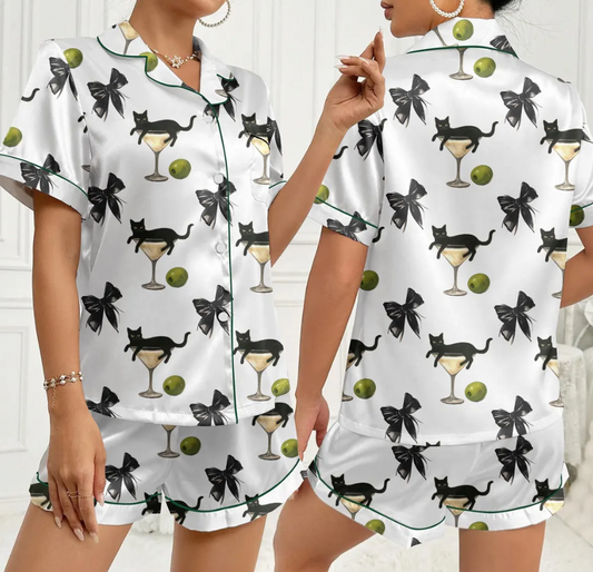 Women’s Black Cat Pajama Set, Martini & Cocktail Glass Print, Short Sleeve Satin PJs, Cat Sleepwear, Pajama Gifts for Her, Pajama Family