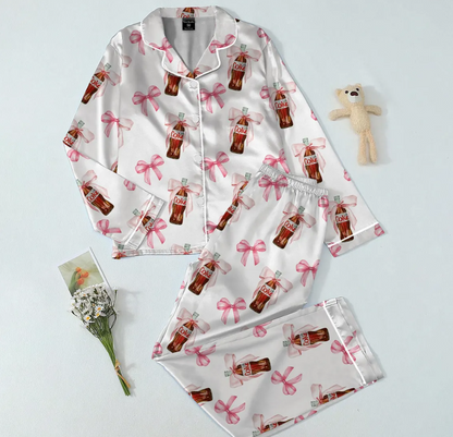 Diet Coke Coquette Pajama Set for Women – Pink Bow Satin Long Sleeve PJs, Matching Holiday Sleepwear, Cute Gift for Diet Coke Lovers
