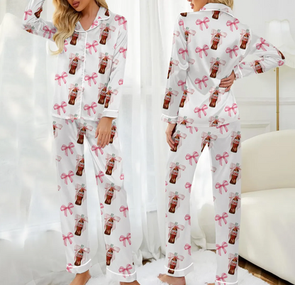 Diet Coke Coquette Pajama Set for Women – Pink Bow Satin Long Sleeve PJs, Matching Holiday Sleepwear, Cute Gift for Diet Coke Lovers