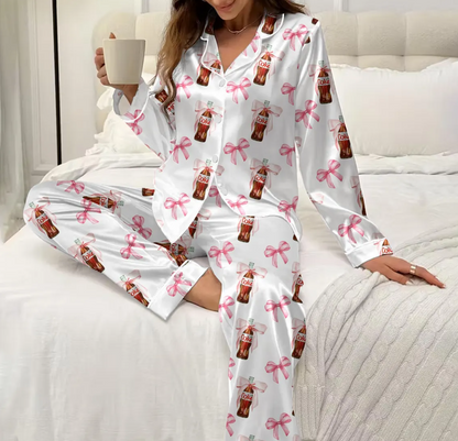Diet Coke Coquette Pajama Set for Women – Pink Bow Satin Long Sleeve PJs, Matching Holiday Sleepwear, Cute Gift for Diet Coke Lovers