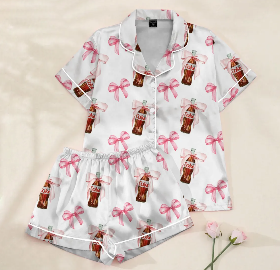 Diet Coke Coquette Pajama Set for Women – Pink Bow Satin Long Sleeve PJs, Matching Holiday Sleepwear, Cute Gift for Diet Coke Lovers