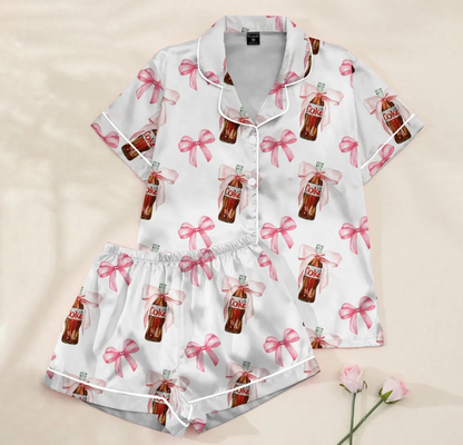 Diet Coke Coquette Pajama Set for Women – Pink Bow Satin Long Sleeve PJs, Matching Holiday Sleepwear, Cute Gift for Diet Coke Lovers