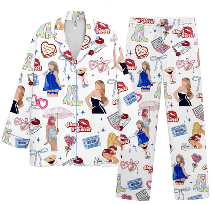 Short n’ Sweet Silk Pajamas for Women, Cute Kiss PJs, Funny Quote Sleepwear, Sassy Sabrina Carpenter Pajamas, Fun Cozy PJs Gift for Her