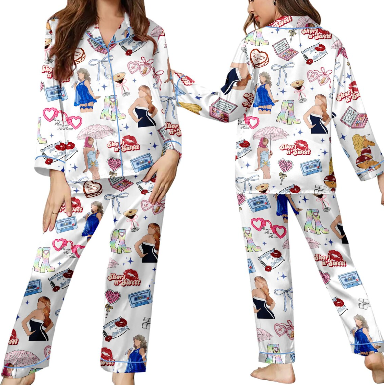 Short n’ Sweet Silk Pajamas for Women, Cute Kiss PJs, Funny Quote Sleepwear, Sassy Sabrina Carpenter Pajamas, Fun Cozy PJs Gift for Her