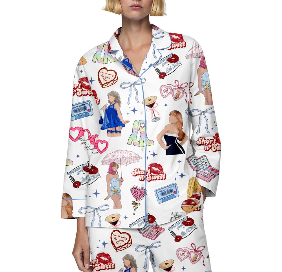 Short n’ Sweet Silk Pajamas for Women, Cute Kiss PJs, Funny Quote Sleepwear, Sassy Sabrina Carpenter Pajamas, Fun Cozy PJs Gift for Her