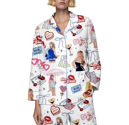 Short n’ Sweet Silk Pajamas for Women, Cute Kiss PJs, Funny Quote Sleepwear, Sassy Sabrina Carpenter Pajamas, Fun Cozy PJs Gift for Her