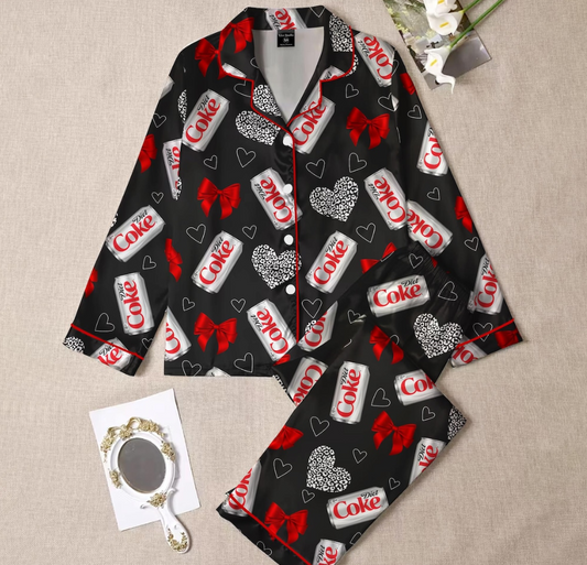 Diet Coke Coquette Satin Pajama Set for Women, Soft Girl Loungewear with Red Bows, Vintage Soda Print Sleepwear for Cozy Nights