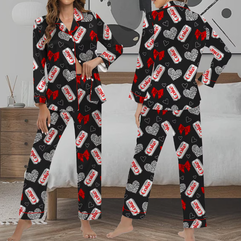 Diet Coke Coquette Satin Pajama Set for Women, Soft Girl Loungewear with Red Bows, Vintage Soda Print Sleepwear for Cozy Nights