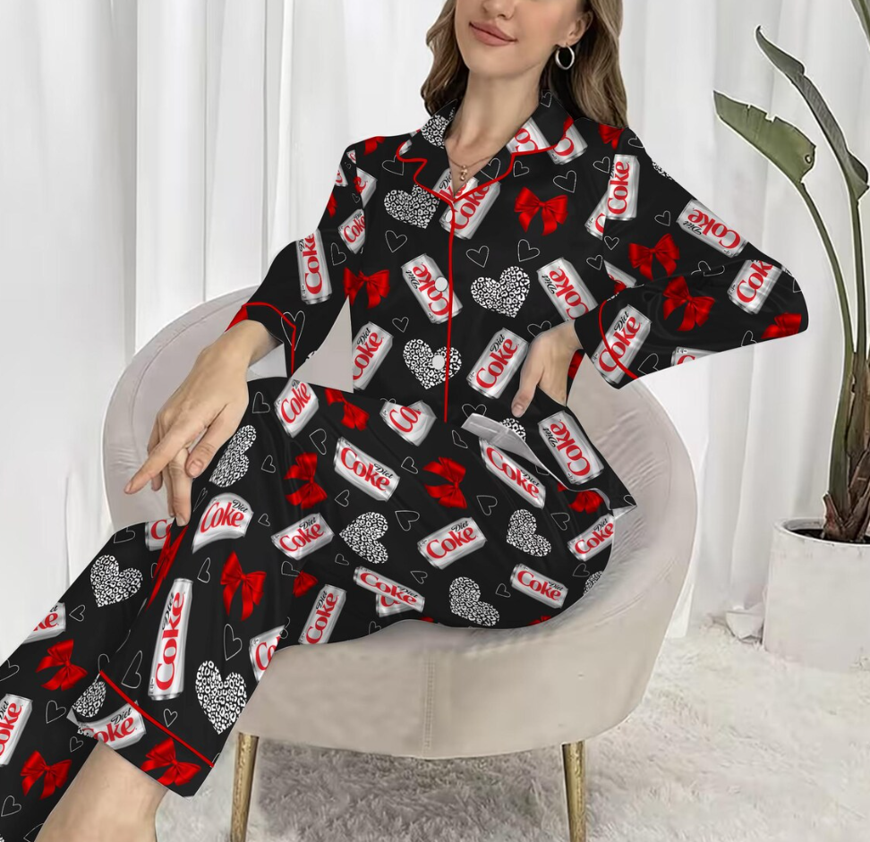 Diet Coke Coquette Satin Pajama Set for Women, Soft Girl Loungewear with Red Bows, Vintage Soda Print Sleepwear for Cozy Nights