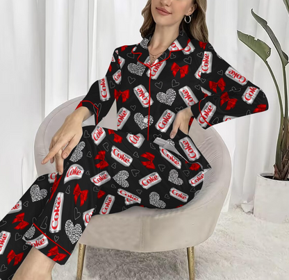 Diet Coke Coquette Satin Pajama Set for Women, Soft Girl Loungewear with Red Bows, Vintage Soda Print Sleepwear for Cozy Nights