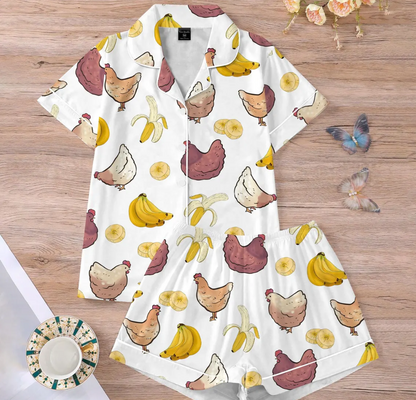 Chicken Banana Pajamas Set for Women, Funny Viral Meme PJs, Chicken Banana Banana Print Sleepwear, Trendy Humor Pajamas, Unisex Gift