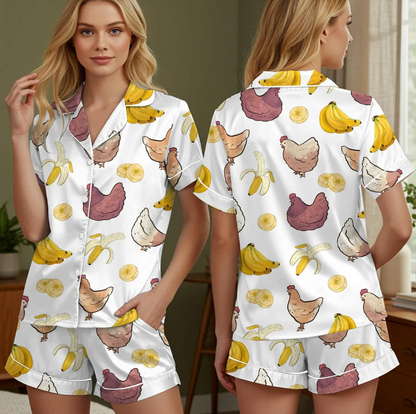 Chicken Banana Pajamas Set for Women, Funny Viral Meme PJs, Chicken Banana Banana Print Sleepwear, Trendy Humor Pajamas, Unisex Gift