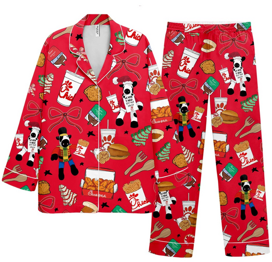 Christmas Chicken Nugget Silk Pajama Set, Food Print PJs with Chicken, Fries and Sauces, Cute Cozy Sleepwear Holiday Gift for Her, Chicken