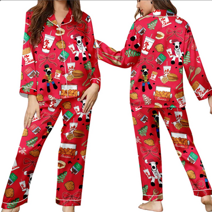 Christmas Chicken Nugget Silk Pajama Set, Food Print PJs with Chicken, Fries and Sauces, Cute Cozy Sleepwear Holiday Gift for Her, Chicken