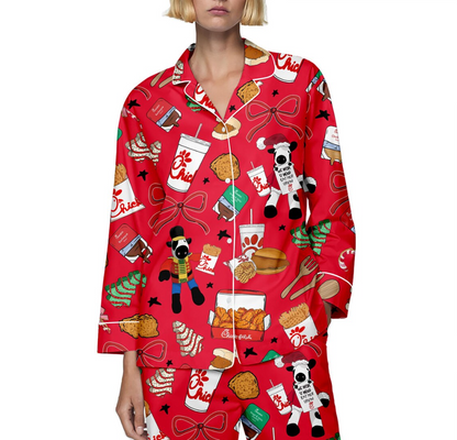 Christmas Chicken Nugget Silk Pajama Set, Food Print PJs with Chicken, Fries and Sauces, Cute Cozy Sleepwear Holiday Gift for Her, Chicken