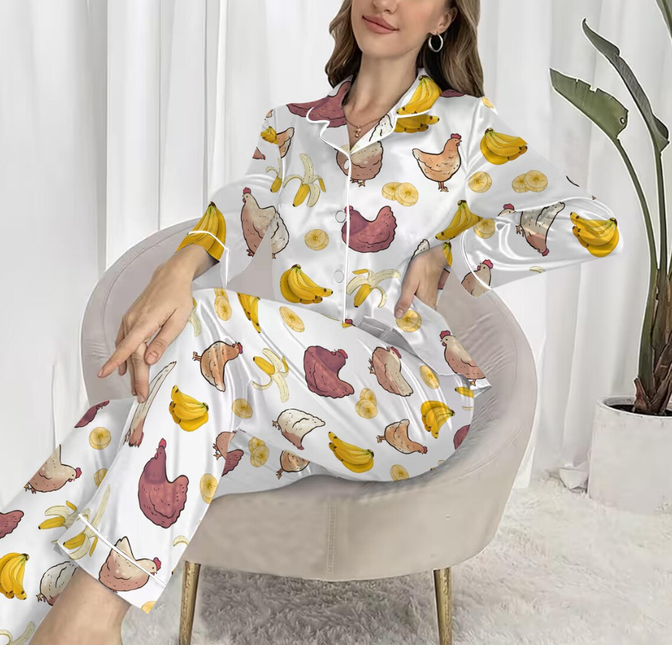 Chicken Banana Pajamas Set for Women, Funny Viral Meme PJs, Chicken Banana Banana Print Sleepwear, Trendy Humor Pajamas, Unisex Gift
