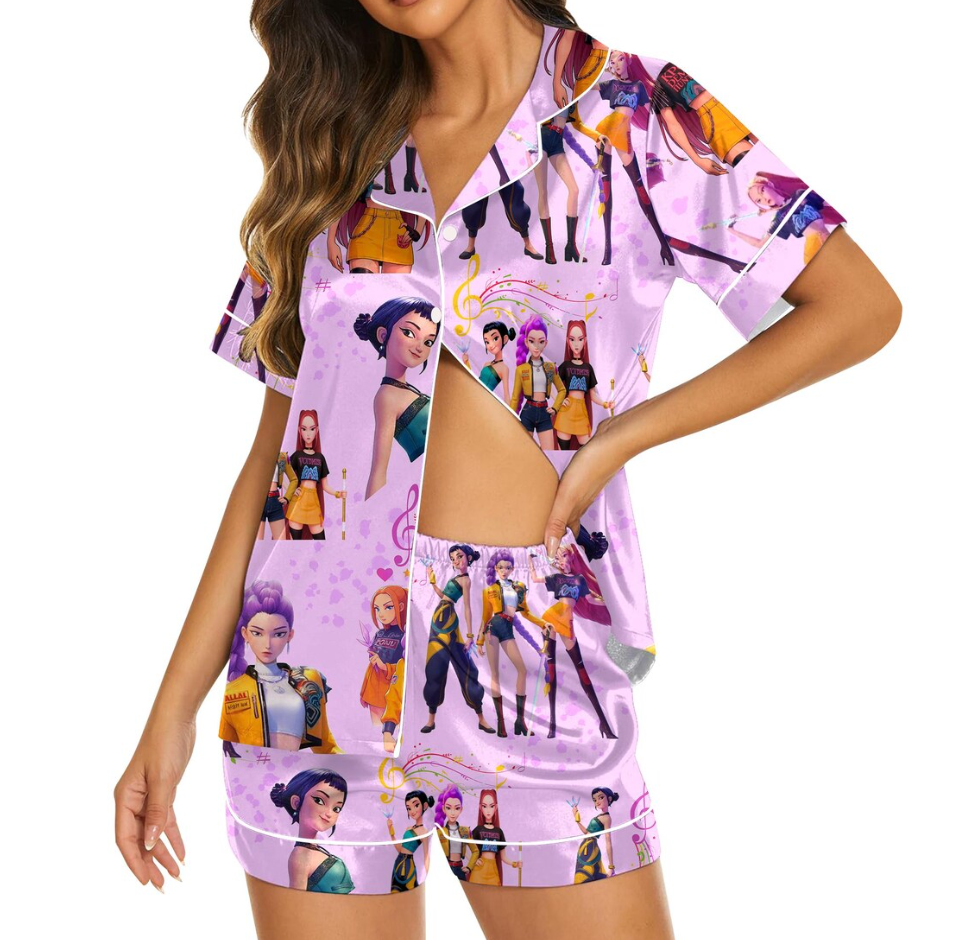 Huntrix Demon Hunters Silky Satin Pajama Set for Women and Kids, K-Pop Idol Inspired PJs, Girl Group Anime Sleepwear, Cozy Fan Gift Outfit