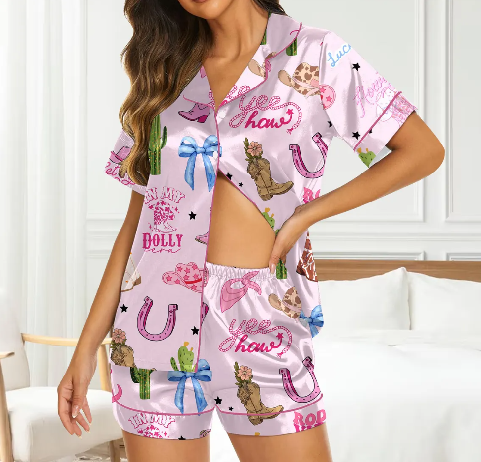 Pink Cowgirl Boots and Hat Pajamas Set, Western Country Cowgirl Sleepwear, Cute Boots and Hats PJs, Cozy Lounge Set, Trendy Gift for Her
