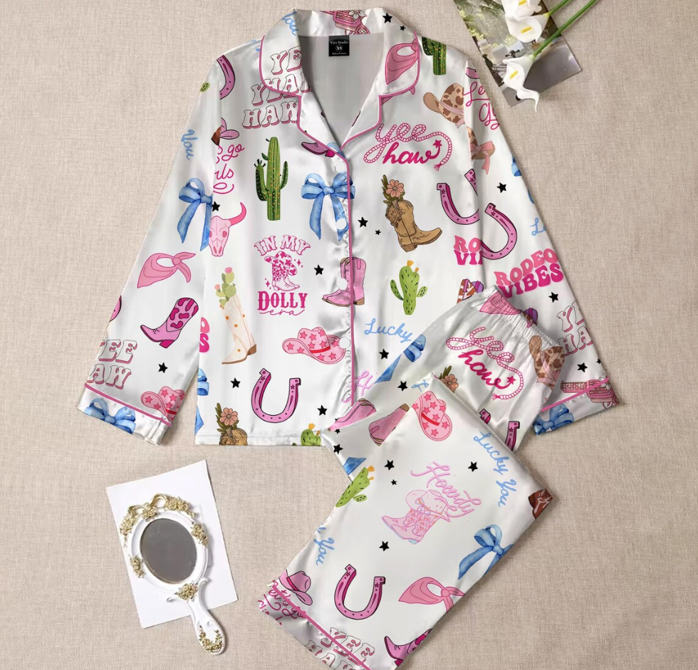 Pink Cowgirl Boots and Hat Pajamas Set, Western Country Cowgirl Sleepwear, Cute Boots and Hats PJs, Cozy Lounge Set, Trendy Gift for Her