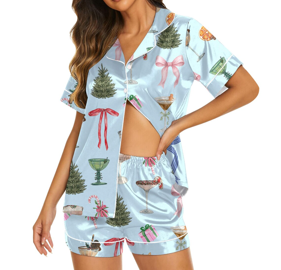 Christmas Cocktail Pajamas Set for Women, Satin Short Sleeve PJs, Silky Espresso Martini Pajamas,Festive Xmas Sleepwear,Martini Gift for Her
