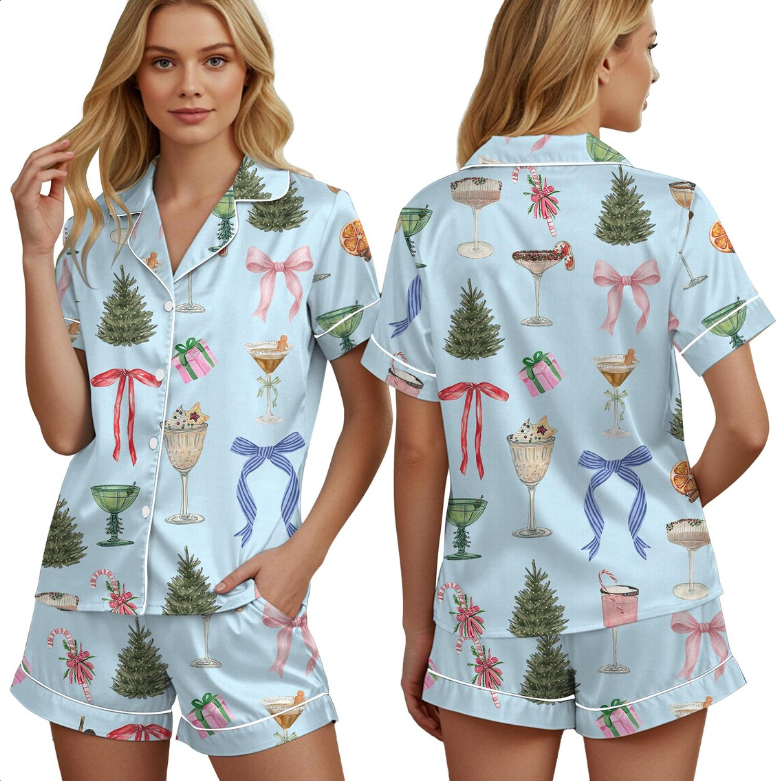 Christmas Cocktail Pajamas Set for Women, Satin Short Sleeve PJs, Silky Espresso Martini Pajamas,Festive Xmas Sleepwear,Martini Gift for Her