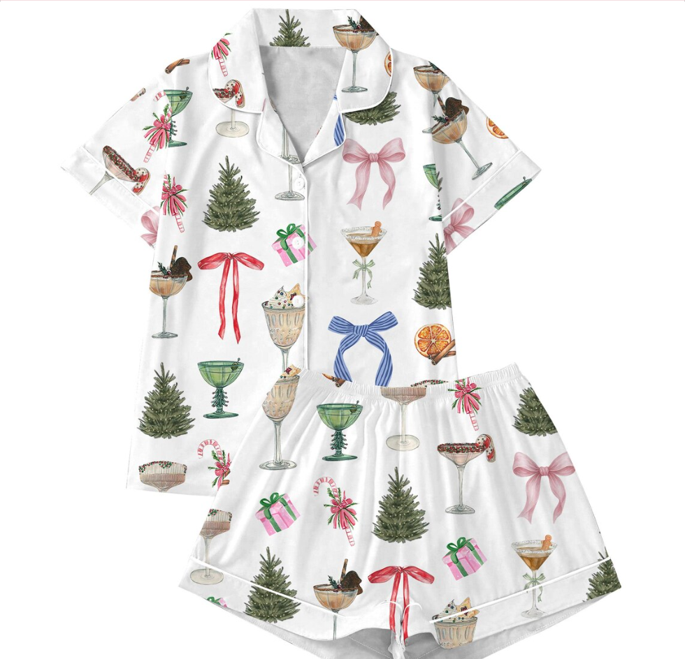 Christmas Cocktail Pajamas Set for Women, Satin Short Sleeve PJs, Silky Espresso Martini Pajamas,Festive Xmas Sleepwear,Martini Gift for Her
